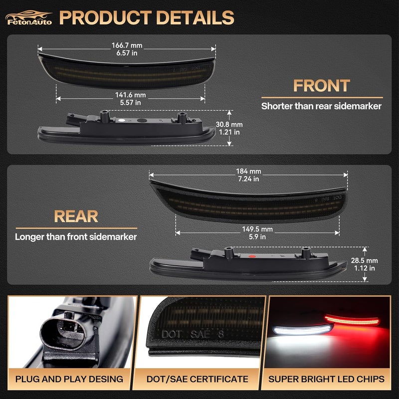 FetonAuto Dynamic Red White LED Side Marker Lights for Dodge Charger 2015 2016 2017 2018 2019 2020 2021 2022 2023 2024, Smoked Lens Front Rear Charger Bumper Reflector Lamp, 4PCS - Image 3
